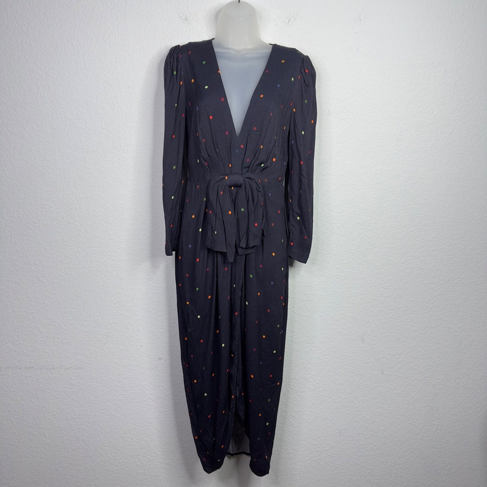 Farm Rio Black Dots Midi Dress Womens S Polka Dot Colorful Plunge Dark Romantic